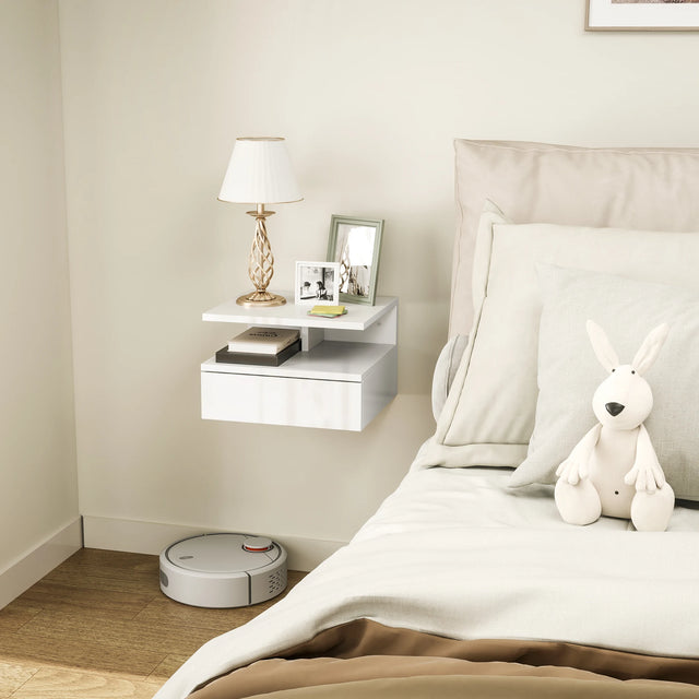 HOMCOM Floating High Gloss Bedside Table - High Gloss White