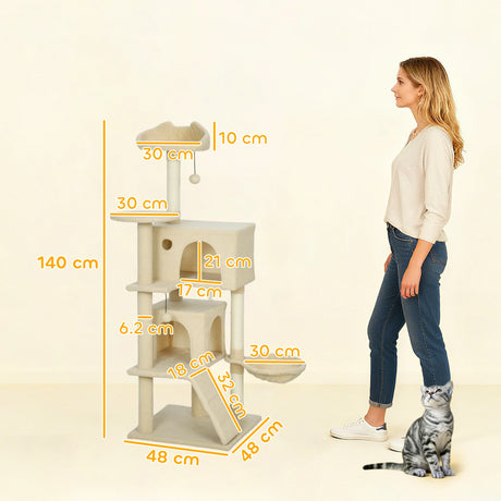 PawHut 140cm Large Cat Tree Tower with Sisal Scratching Posts, Condos, Plush Perches, Hammock, Ladder, Beige