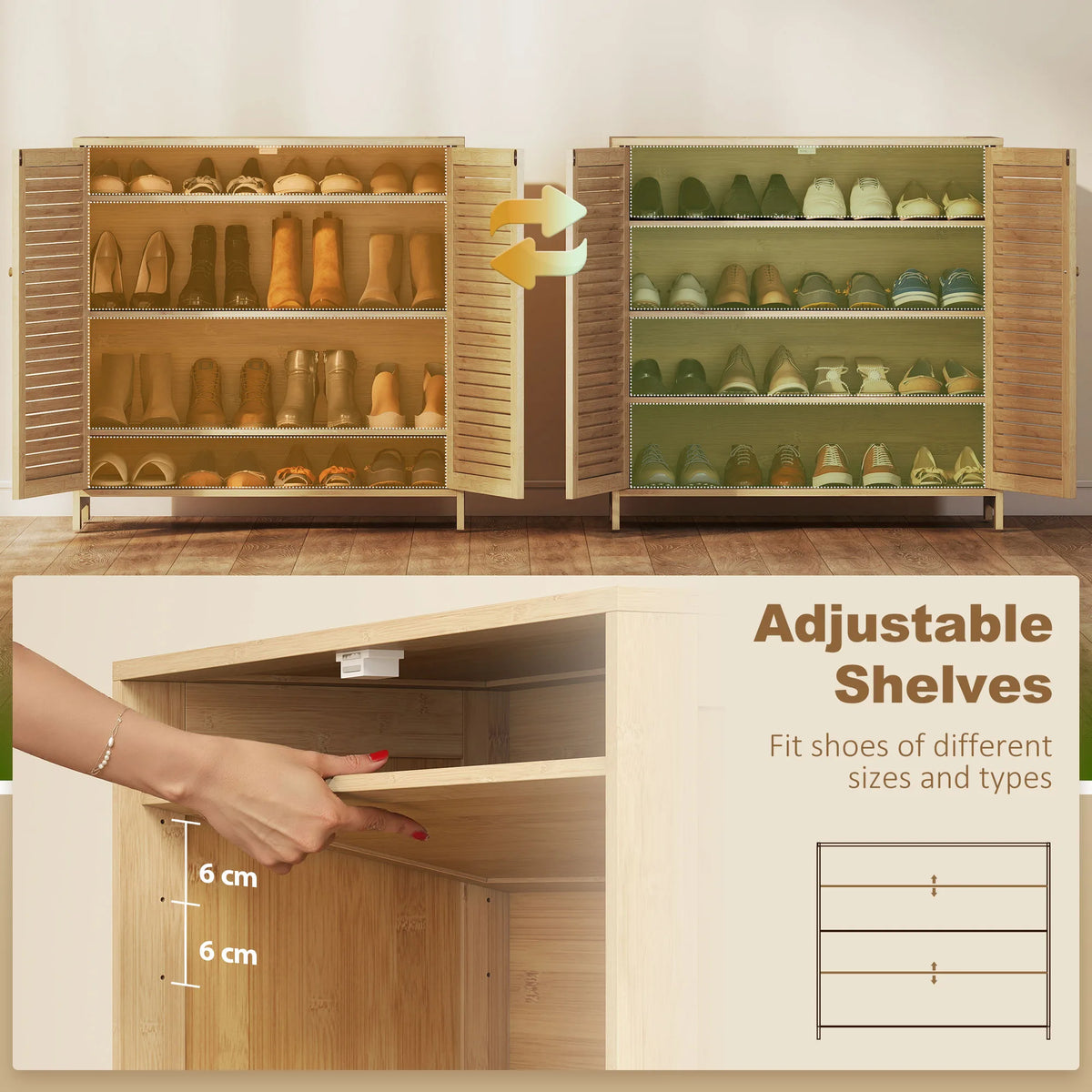 HOMCOM Bamboo Shoe Cabinet with Louvered Doors, 14 Pairs Shoe Storage Cabinet with Adjustable Shelves for Hallway, Natural