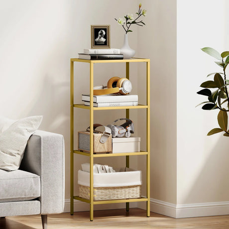 HOMCOM 4-Tier Shelving Unit, Glass Shelf, Vertical Storage Shelf for Living Room, Home Office, Bedroom, Bathroom, Gold Tone