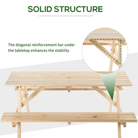 Outsunny 6 Seater Wooden Picnic Table Bench for Outdoor Garden or Patio with Parasol Cutout 150 cm Natural Wood Finish
