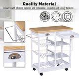 HOMCOM Rolling Kitchen Island Trolley Cart Drawer Shelves Basket Wheels W/  6 Bottle Wine Rack White