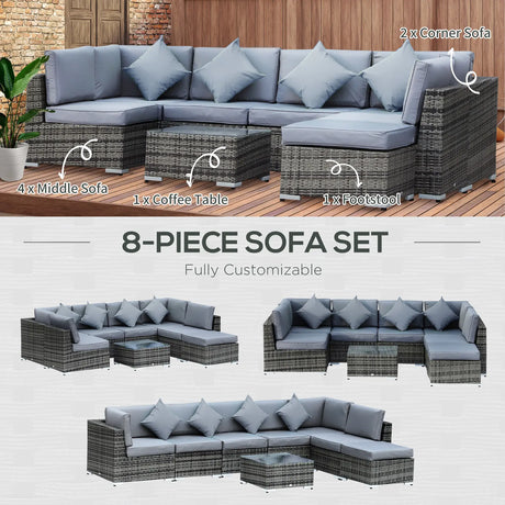 Outsunny 8 Piece Rattan Corner Sofa Set with Wide & Deep Seat, Assembled Aluminium PE Rattan Garden Furniture Set with Thick Cushions and Glass Top Table for Outdoor, Conservatory, Grey