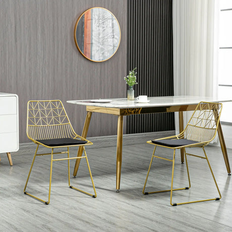 HOMCOM Luxurious Dining Chairs Set of 2, Metal Wire Kitchen Chair with Removable Velvet-feel Cushion, Cut-out Back and Steel Frame for Dining Room, Gold Tone