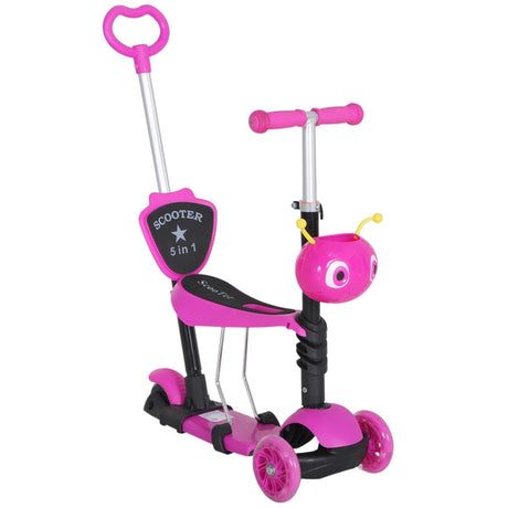 HOMCOM 5 in1 Kids  Scooter 3 Wheel Toddler scooter Kick Scooter with Adjustable Handlebar, Removable Seat & Back Rest for 18 Month+, Pink