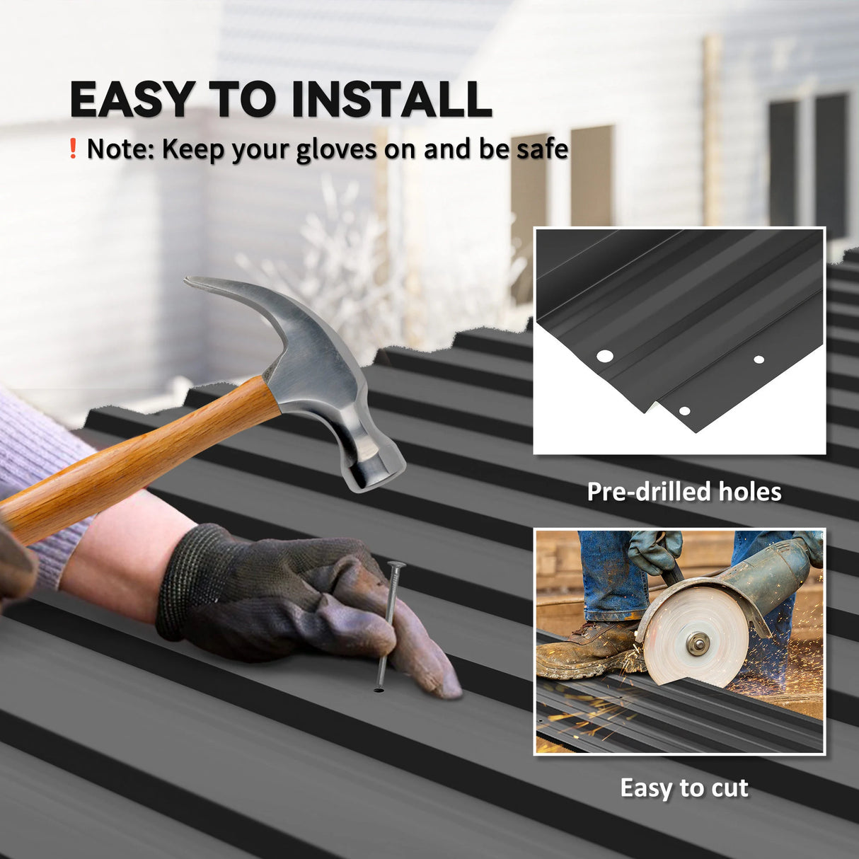 Outsunny Set of 12 Corrugated Steel Roof Sheet Panels - Black