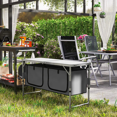 Outsunny 4ft Folding Camping Cupboard Kitchen, Height Adjustable Aluminium Camping Table with Storage, Lightweight Picnic Table for Outdoor Garden BBQ Party