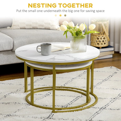 HOMCOM Coffee Table Set of 2, Round Nest of Tables with Faux Marble Tabletop and Metal Frame, Modern Side Tables for Living Room, White
