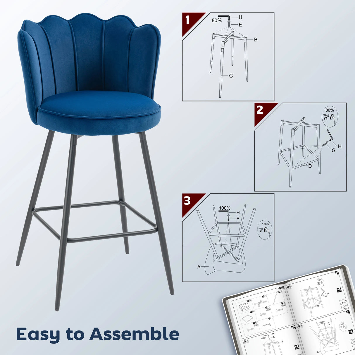 HOMCOM Set of Two Velvet-Feel Lotus Bar Stools - Dark Blue