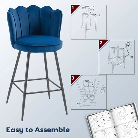 HOMCOM Set of Two Velvet-Feel Lotus Bar Stools - Dark Blue