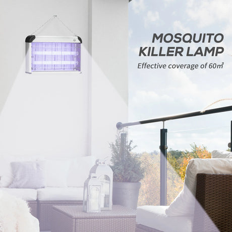 Outsunny 30W Electric Fly Zapper, Bug Zapper with UK Plug, 2 UV Bulbs, Hanging Chain, On/Off Switch and Removable Catch Tray, 60m2 Coverage Insect Mosquito Killer for Indoor and Outdoor Use, Silver