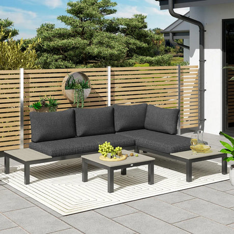 Outsunny 3 Pieces Garden Furniture Set, Aluminium 4 Seater Corner Sofa Set with 2 Loveseats, Coffee Table and Side Trays, Outdoor Conversation Furniture with Cushions for Garden, Dark Grey