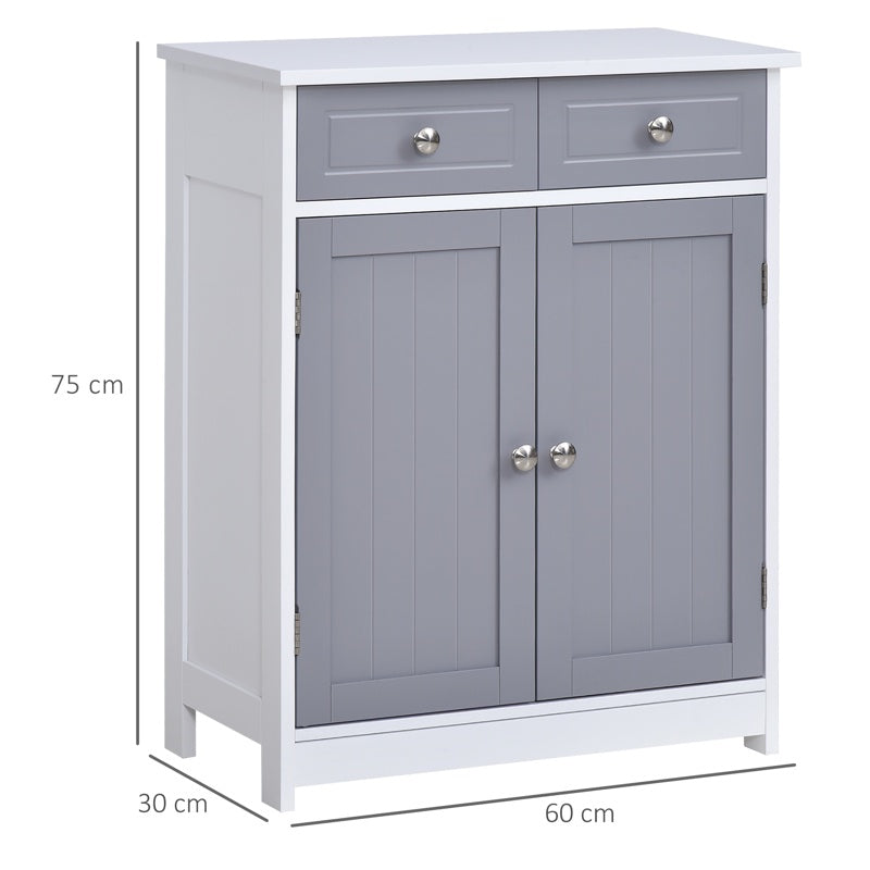 kleankin 75x60cm Freestanding Bathroom Storage Cabinet Unit w/ 2 Drawers Cupboard Adjustable Shelf Metal Handles Traditional Style Grey White