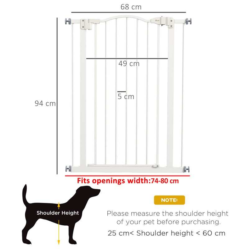 PawHut Pressure Fit Dog Stair Gate No Drilling Safety Gate Auto Close for Doorways, Hallways, 74-80cm Adjustable, 94cm Tall, White