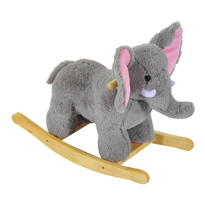 HOMCOM Kids Children Rocking Horse Plush Ride on Animal Wooden Riding Traditional Rocker Gift w/32 nursery rhymes (Grey Elephant)