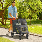 PawHut One-Click Foldable Pet Travel Stroller with Rain Cover, Cat Dog Pushchair with Universal Front Wheels, Shock Absorber, Storage Bags, Mesh Window, Safety Leash for Large and Medium Dogs (Grey)