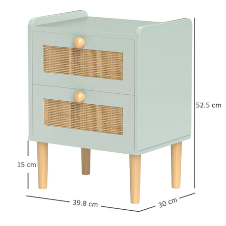 HOMCOM Bedroom Chest of Drawers, Boho Rattan Dresser with 2 Drawers, Storage Cabinet for Living Room, Hallway, Entryway, Olive Green