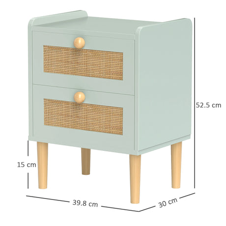 HOMCOM Bedroom Chest of Drawers, Boho Rattan Dresser with 2 Drawers, Storage Cabinet for Living Room, Hallway, Entryway, Olive Green