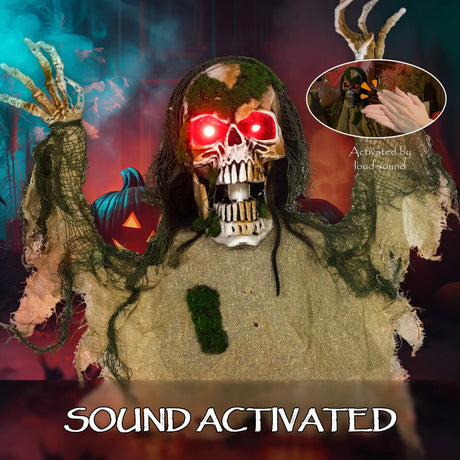 Outsunny Halloween Animated Skeleton with Glowing LED Eyes, Half-Body Scary Halloween Decorations, Battery Operated, Indoor Party Props