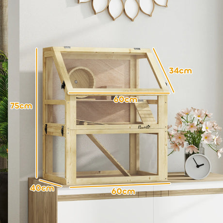PawHut Wooden Hamster Cage with Detachable 32cm Deep Bottom, Hut, Seesaw, Exercise Wheel, Ramp, 60 x 40 x 75cm, Natural