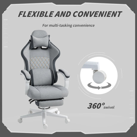 HOMCOM Ergonomic High Back Gaming Chair for Adults, Printed Velvet Computer Recliner Chair with Footrest, Lumbar Support, Adjustable Height and 360 Swivel Seat for Office or Gaming, Grey