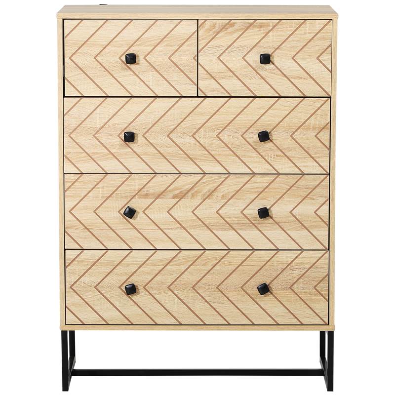 HOMCOM 5 Drawer Chest Sideboard Cabinet Storage Unit Bedroom Home Unique Zigzag Design w/ Black Metal Handles Anti Tip & Top