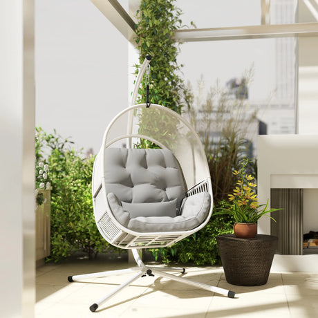 Outsunny Hanging Egg Chair Outdoor Indoor, Swing Hammock Chair with Stand, Cushions, Lumbar Pillow, Adjustable Height and Steel Frame for Garden Patio Lounge Porch, Light Grey