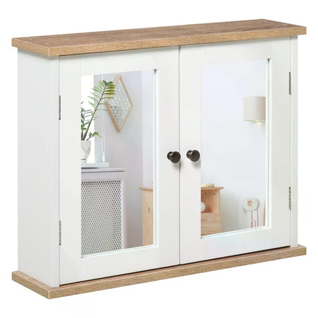 kleankin Bathroom Mirror Cabinet Wall Mounted Storage Cupboard with Double Door and Adjustable Shelf, White