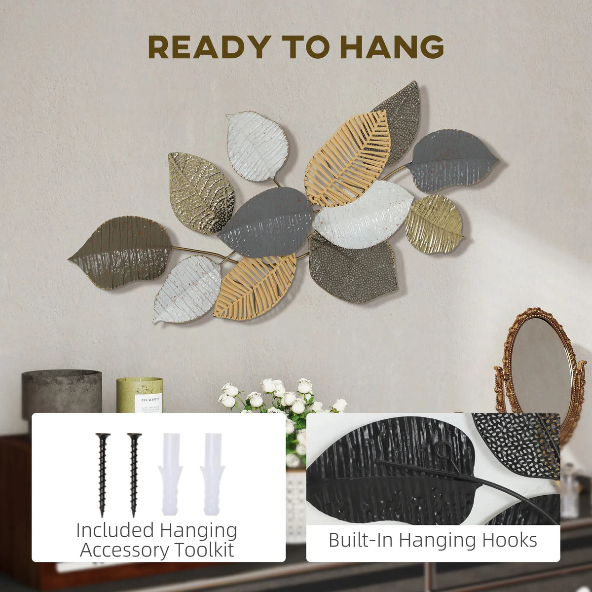 HOMCOM Metal Wall Art, Modern Hanging Wall Decor with Unique Leaf Design for Living Room Bedroom Entryway