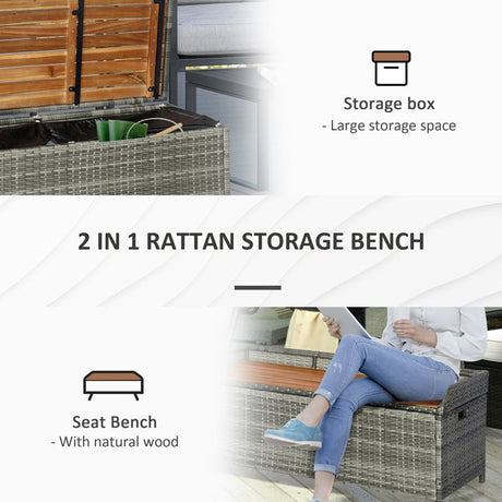 Outsunny Patio Wicker Storage Bench Box, Outdoor Garden PE Rattan Pool Storage Deck Bin Box w/ Natural Wood Top, Lid, Ideal for Storing Tools, Accessories and Toys, Mixed Grey