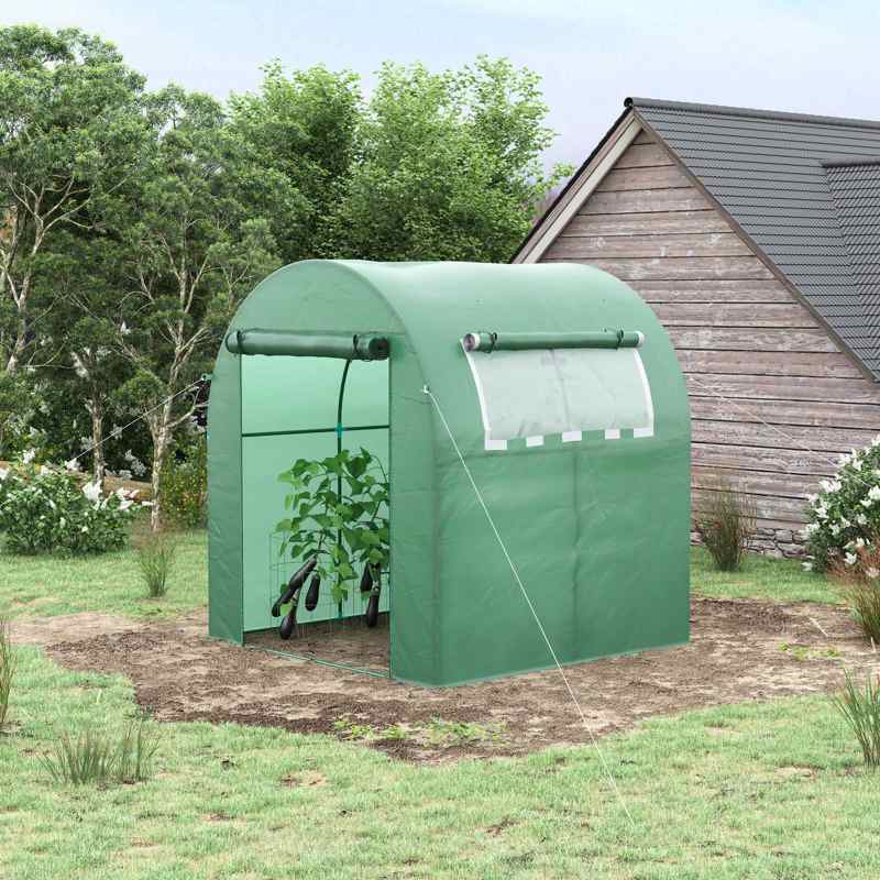 Outsunny Walk in Polytunnel Greenhouse, Green House for Garden with Roll-up Window and Door, 1.8 x 1.8 x 2 m, Green