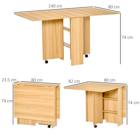 HOMCOM Folding Dining Table, Drop Leaf Table for Small Spaces, Foldable Rectangular Tabletop with Storage Shelves for Kitchen, Dining Room, Teak