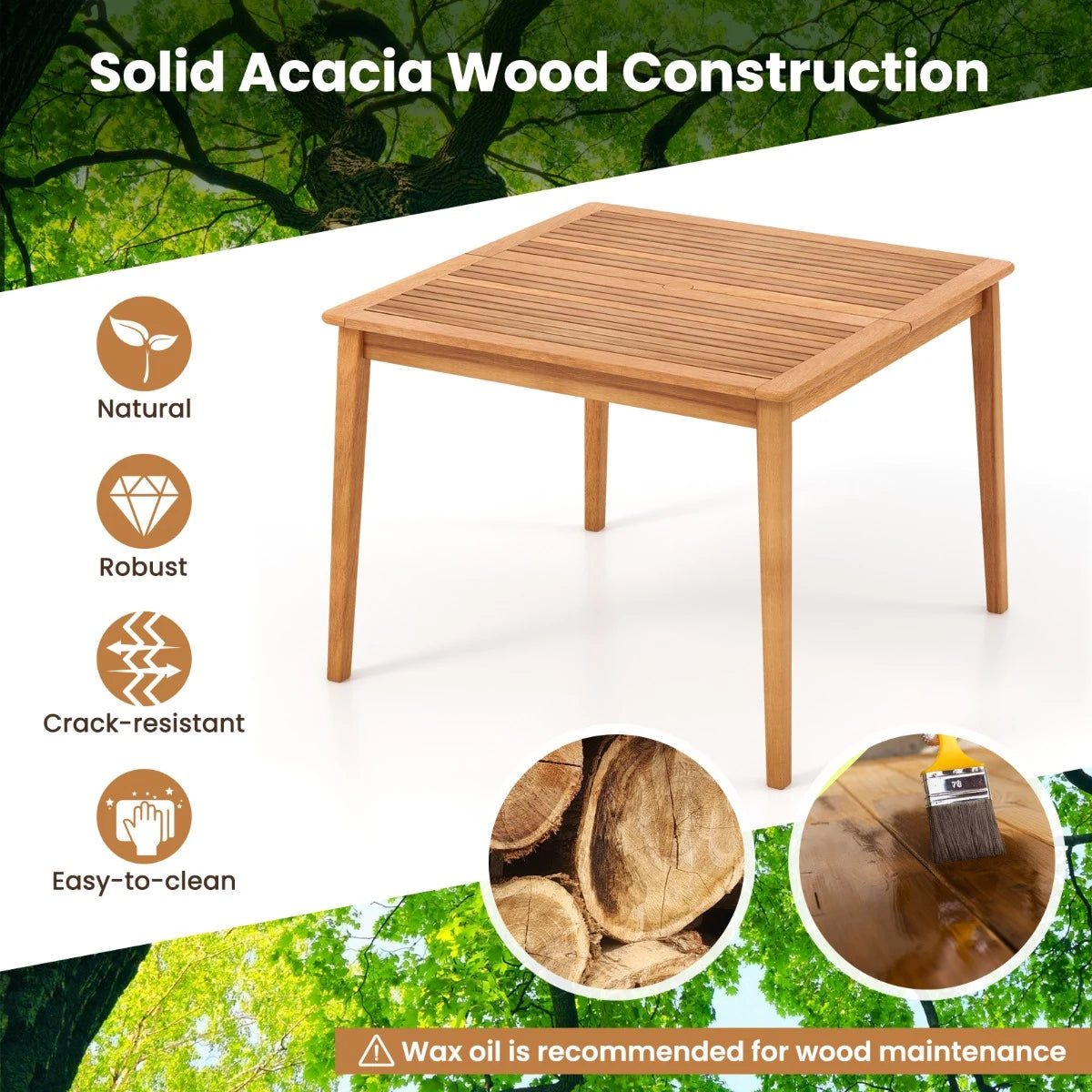 39 Inch Acacia Wood Dining Square Bistro Table with 1.96 Inch Umbrella Hole