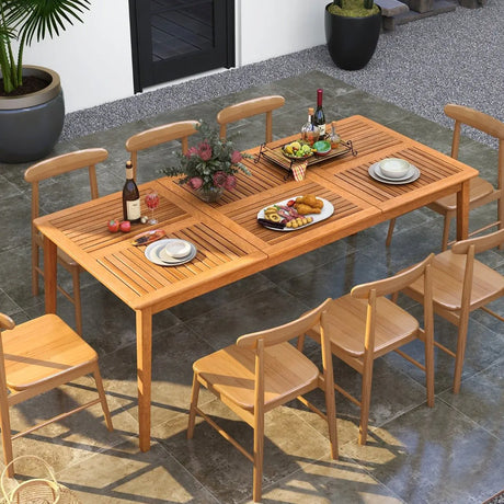8-Person Outdoor Acacia Wood Dining Rectangular Bistro Table with Umbrella Hole
