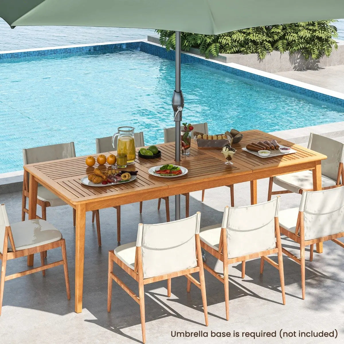 8-Person Outdoor Acacia Wood Dining Rectangular Bistro Table with Umbrella Hole