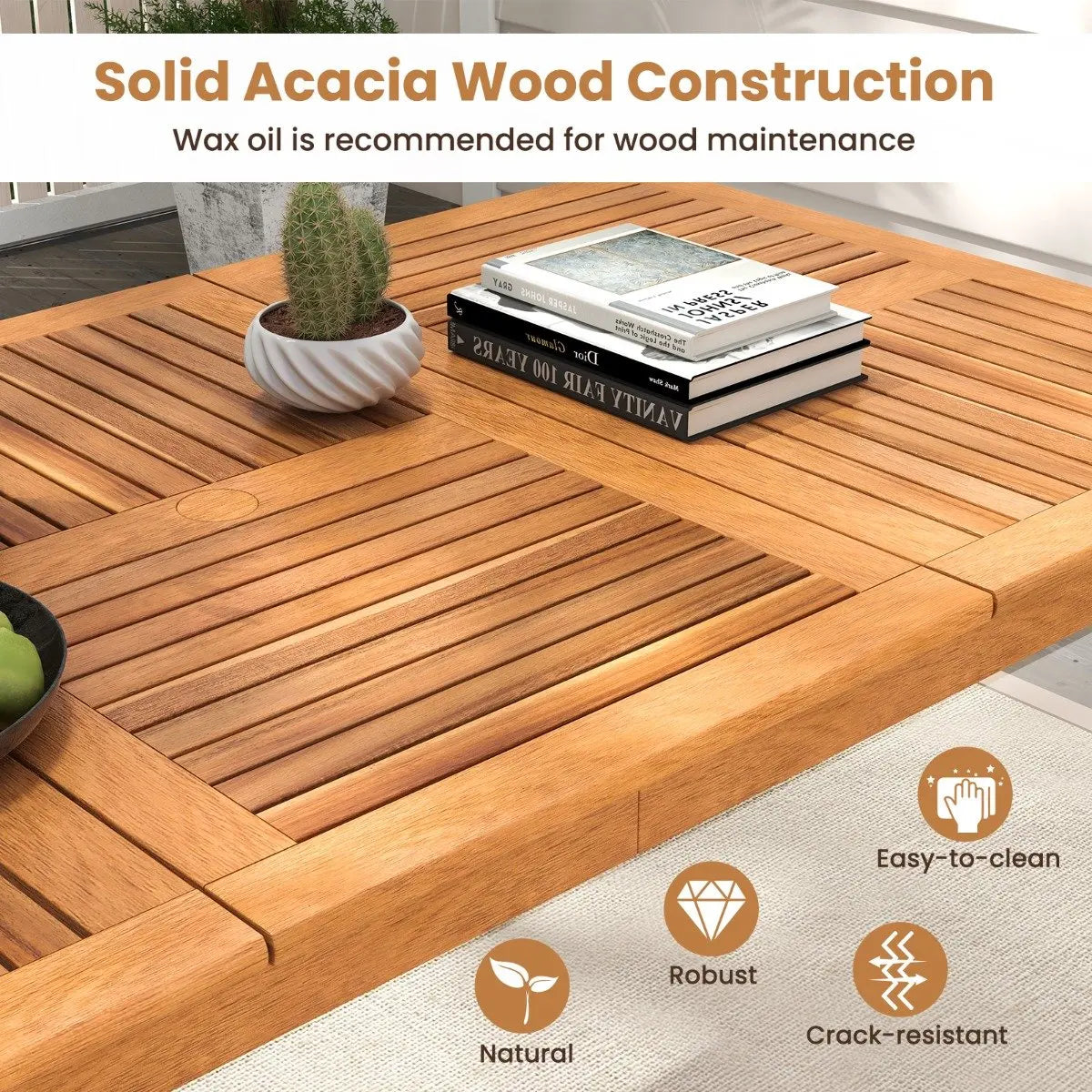 8-Person Outdoor Acacia Wood Dining Rectangular Bistro Table with Umbrella Hole