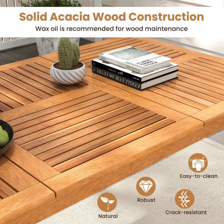 8-Person Outdoor Acacia Wood Dining Rectangular Bistro Table with Umbrella Hole