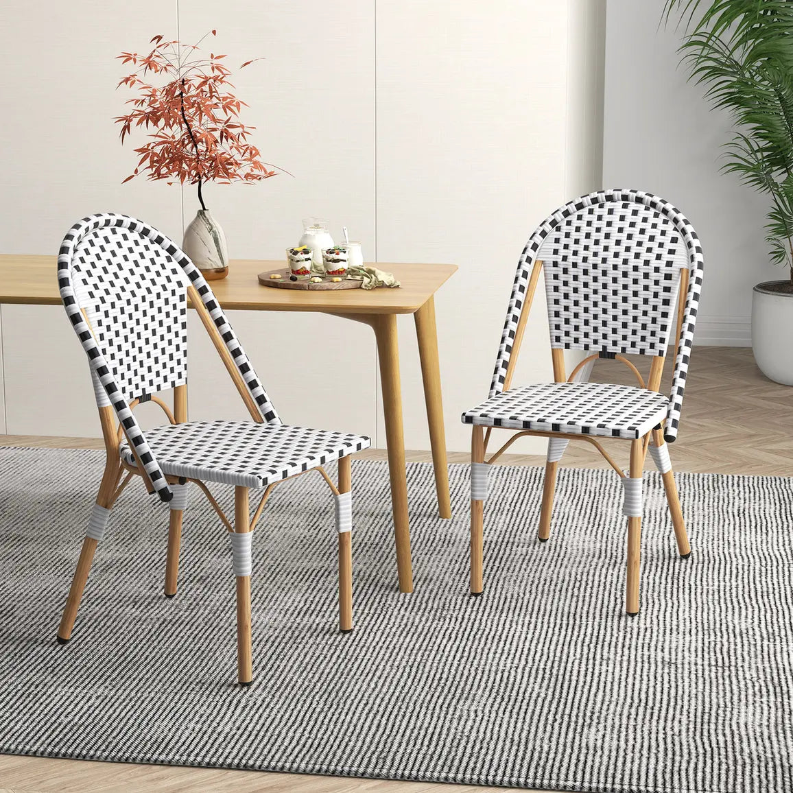 2 Pieces Outdoor Armless Dining Chairs with Hand-Woven Rattan-White