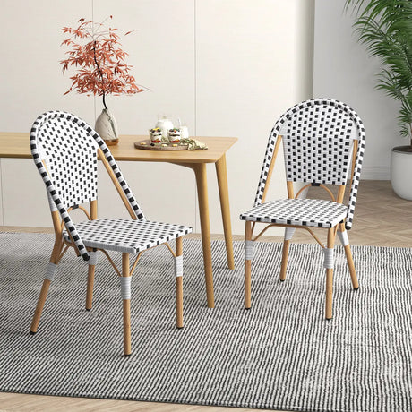 2 Pieces Outdoor Armless Dining Chairs with Hand-Woven Rattan-White