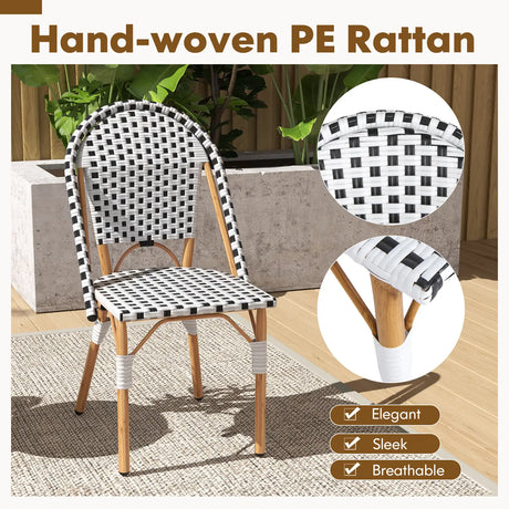 2 Pieces Outdoor Armless Dining Chairs with Hand-Woven Rattan-White