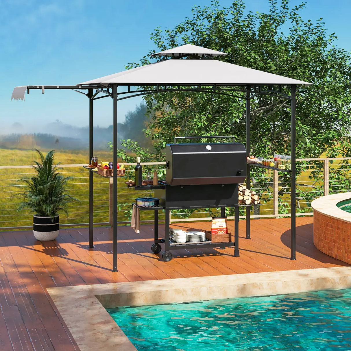 10.5 x 5 FT Grill Gazebo with Side Awning and Double-Tiered Top-Gray
