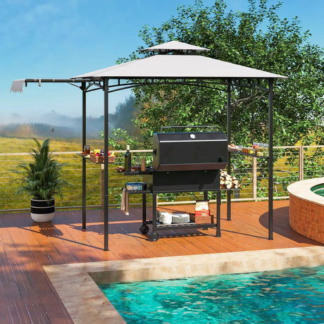 10.5 x 5 FT Grill Gazebo with Side Awning and Double-Tiered Top-Gray