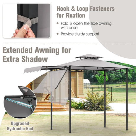 10.5 x 5 FT Grill Gazebo with Side Awning and Double-Tiered Top-Gray