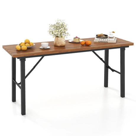 Folding Picnic Table Acacia Wood Dining Table with Metal Frame for Indoor Outdoor Activities