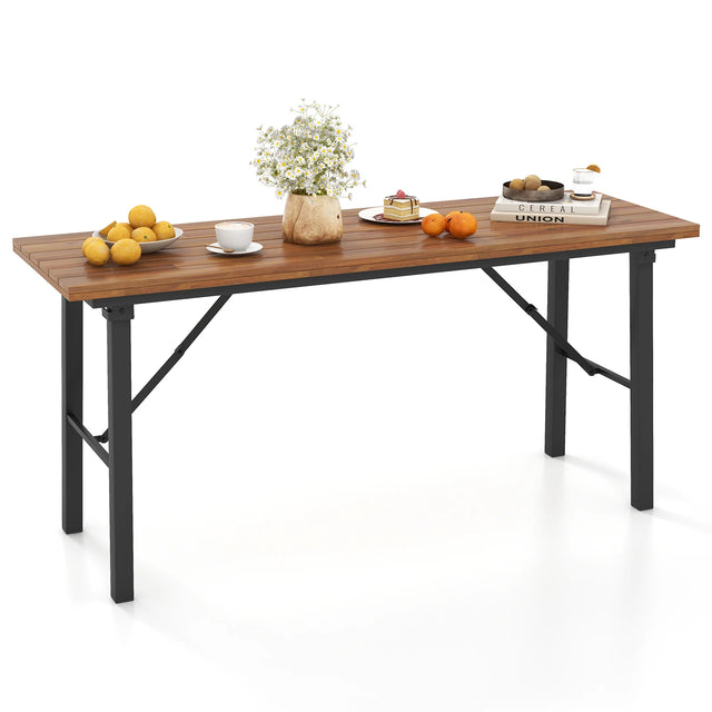Folding Picnic Table Acacia Wood Dining Table with Metal Frame for Indoor Outdoor Activities
