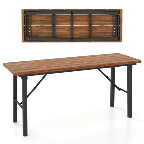 Folding Picnic Table Acacia Wood Dining Table with Metal Frame for Indoor Outdoor Activities