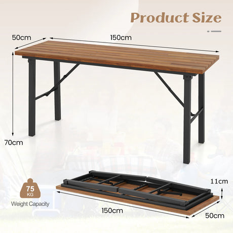 Folding Picnic Table Acacia Wood Dining Table with Metal Frame for Indoor Outdoor Activities
