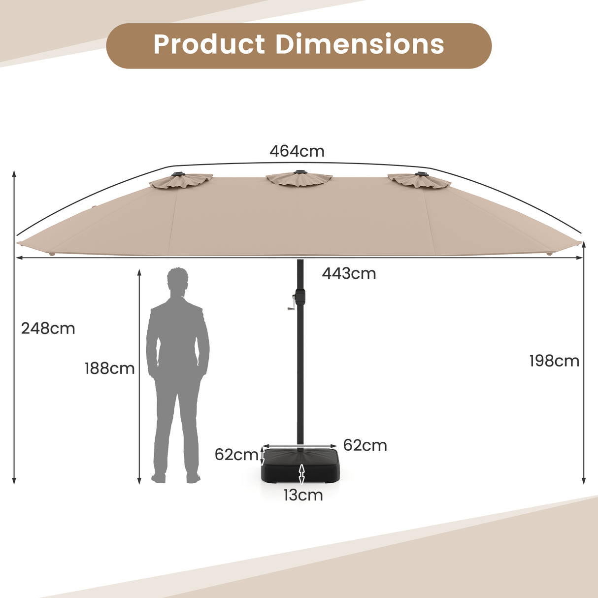 Double Sided Patio Umbrella Outdoor Large Market Umbrella with Base-Brown