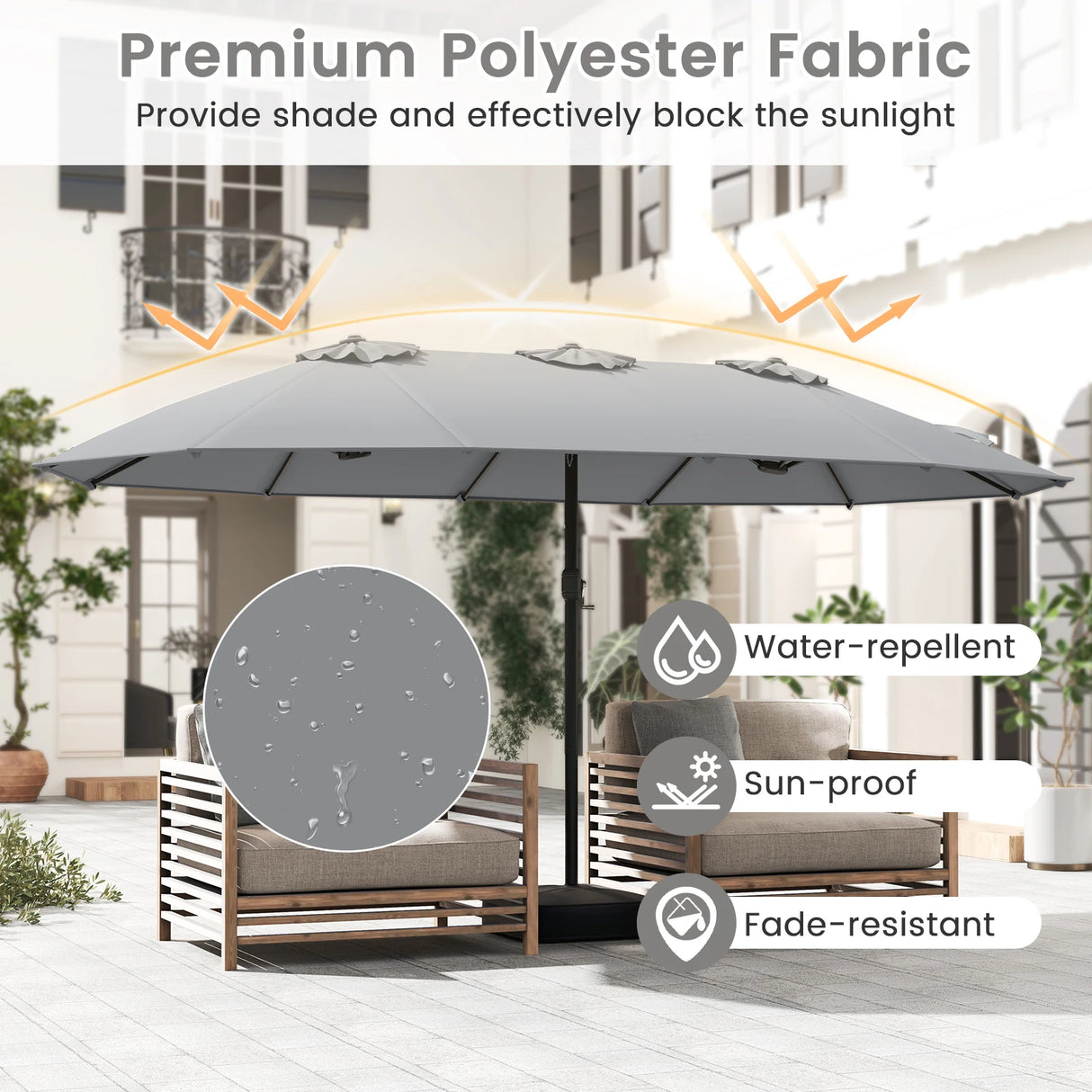 Double Sided Patio Umbrella Outdoor Large Market Umbrella with Base-Grey