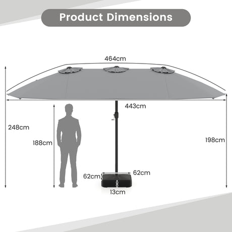 Double Sided Patio Umbrella Outdoor Large Market Umbrella with Base-Grey